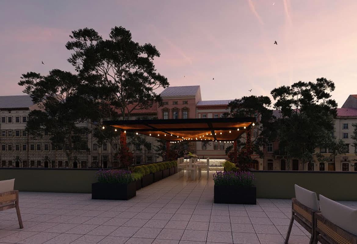 3D landscape rendering of an outdoor living space