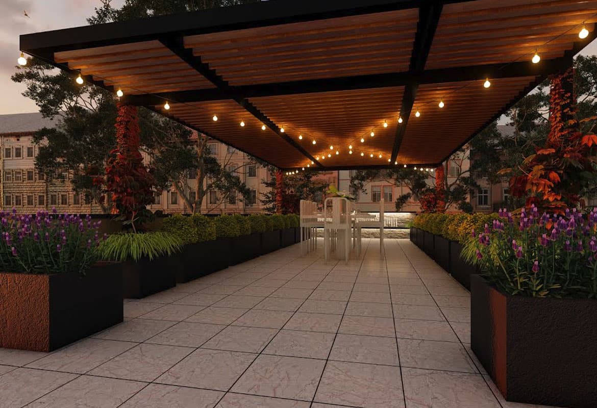 3D rendering of a garden and walkway design