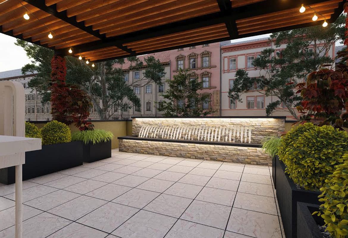 3D landscape design rendering with pool and hardscape