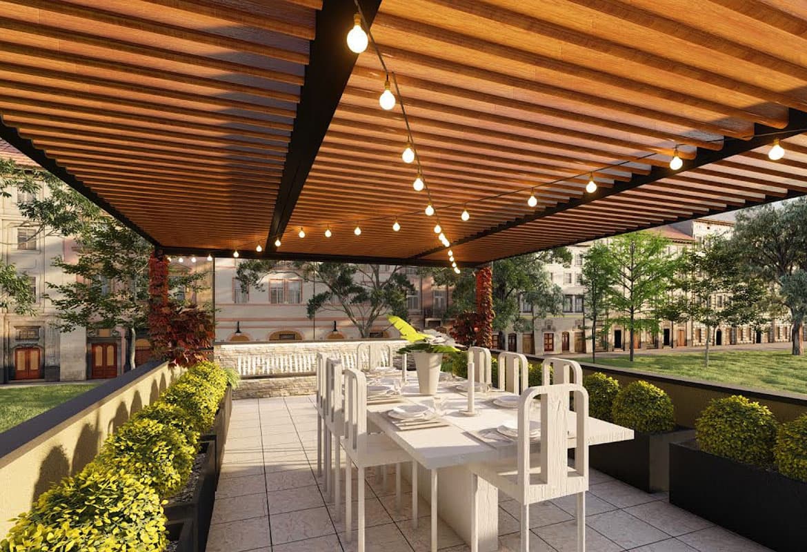 3D rendering of a patio and planting layout