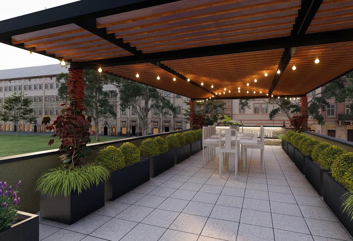 3D landscape rendering of a residential backyard design