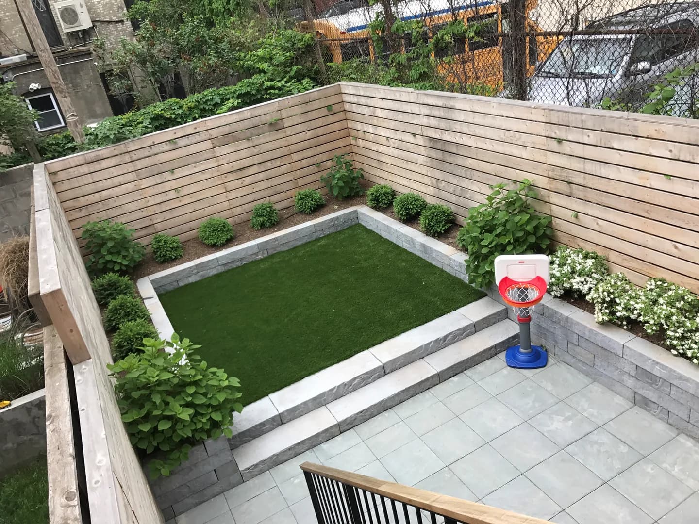 Artificial turf play area in a residential backyard